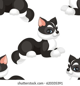 Children's seamless pattern in cartoon style with lovely puppies huskies. Vector background.