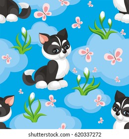 Children's seamless pattern in cartoon style with lovely puppies huskies. Vector background.