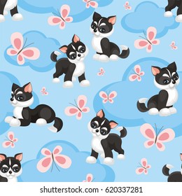 Children's seamless pattern in cartoon style with lovely puppies huskies. Vector background.