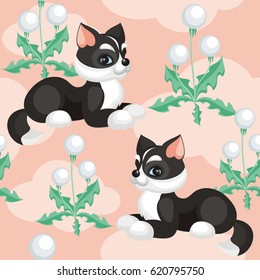 Children's seamless pattern in cartoon style with lovely puppies huskies. Vector background.