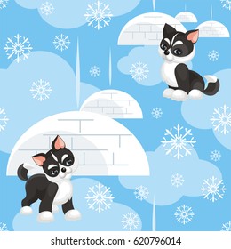 Children's seamless pattern in cartoon style with lovely puppies huskies. Vector background.