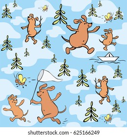 Children's seamless pattern in cartoon style with cute dogs. Father’s day vector background.