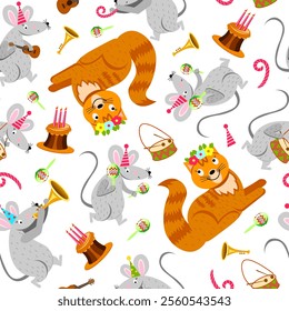 Children's seamless pattern cat and mice celebrate together cat's birthday mice in caps play guitar drum pipe costanets birthday cake with candles Vector