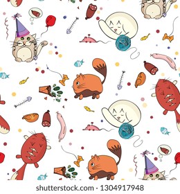 children's seamless pattern with cats  and sausage, fish,toys.Linart, sketch. Pets,kittens, hand drawing.for  fabric, textile design.decorative elements for design greeting card, banners,Invitation 

