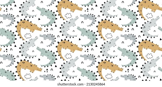 Children's seamless pattern with characteristic alligator drawings. Pattern with cute animals. Perfect for baby clothes, wallpapers, wrapping paper. Children's room design.