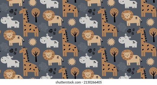 Children's seamless pattern with characteristic drawings of a hippo, lion, giraffe. Pattern with cute animals. Perfect for baby clothes, wallpapers, wrapping paper. Children's room design.