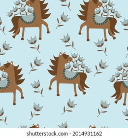 Patrón impecable de ponis alegres con flores. Ilustración del vector 