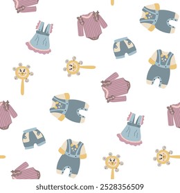 Children's Seamless pattern with clothes and toys. Design for fabric, textiles, wallpaper, packaging