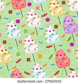 Children's seamless pattern from cotton candy, candy and colorful stars. Seamless pattern of sweets, cotton candy, lollipops.