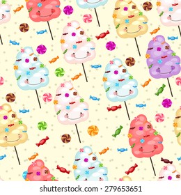 Children's seamless pattern from cotton candy, candy and colorful stars on a yellow background. Seamless pattern of sweets, cotton candy, lollipops.