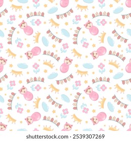 Children's seamless pattern with crown, bunting, sleeping baby, flower, cloud and stars.  . Ideal for baby clothes, textiles, packaging, web backgrounds, fabrics, wrapping paper, decoration 
   