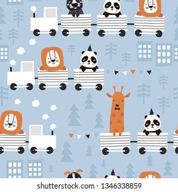 Children`s seamless pattern with cute animals riding the train in the Scandinavian style. Creative vector childish background for fabric, textile