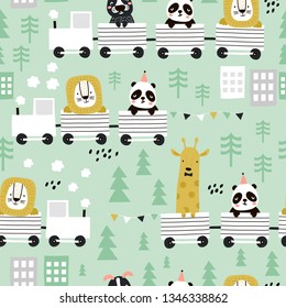 Children`s seamless pattern with cute animals riding the train in the Scandinavian style. Creative vector childish background for fabric, textile