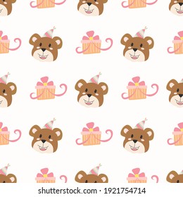 Children's seamless pattern with cute bear party hat animal cartoon illustration. Perfect for background, scrap book, and invitation card