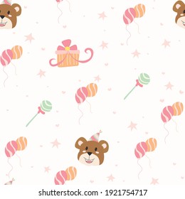 Children's seamless pattern with cute bear party hat animal cartoon illustration. Perfect for background, scrap book, and invitation card