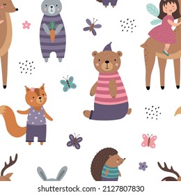 Children's seamless pattern  Cute cartoon bear  hare  squirrel  fairy sitting deer  Funny animals in clothes  Vector illustration