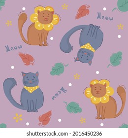 Children's seamless pattern with cute cats. Cartoon cats on a pink background. Pattern for textiles, fabrics, paper, textures. Stock vector illustration.