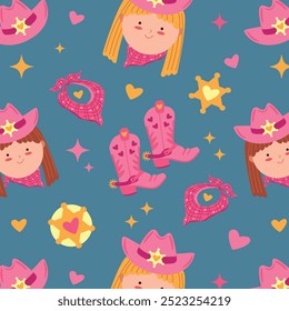 Childrens seamless pattern with cute cowgirl on dark blue background. Vector illustration template