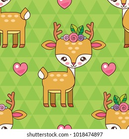 Children's seamless pattern. A cute deer with a flower wreath on his head. The deer in love. Kawaii style.