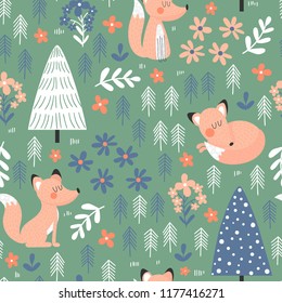 Childrens seamless pattern with cute foxes, trees and flowers. Trendy background in bright colors in vector.