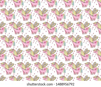 Children's seamless pattern. Cute, happy pink ponies among hearts on white background in vector. Fairy pony child. Mythical pony for children. Beautiful background for textiles, paper, fabric