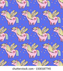 Children's seamless pattern. Cute, happy pink ponies among hearts on blue background in vector. Fairy cartoon pony child. Mythical pony for children. Beautiful background for textiles, paper, fabric