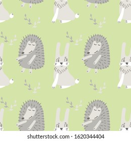 Children's seamless pattern with cute hedgehogs and bunnies on a green meadow. Children's drawn vector background . Ideal for children fabric, textiles, wrapping paper.