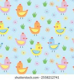 Childrens seamless pattern with cute hens and flowers. Spring farm background. Vector Easter illustration for prints, fabric, wallpaper, wrapping and decor.