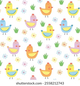 Childrens seamless pattern with cute hens and flowers. Spring farm background. Vector Easter illustration for prints, fabric, wallpaper, wrapping and decor.