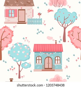 children`s seamless pattern with cute houses, trees and flowers bushes