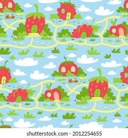 Children's seamless pattern with cute houses in the form of strawberries, raspberries, apples, tomatoes and grapes. Children's background for textiles, children's area. Cartoon illustration for kids