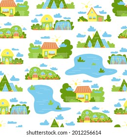 Children's seamless pattern with cute houses. Countryside and houses. Nature and garden. Children's background for textiles, children's area. Isolated hand drawn illustration
