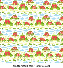 Children's seamless pattern with cute houses in the form of strawberries, raspberries, apples, tomatoes and grapes. Children's background for textiles, children's area. Cartoon background for kids
