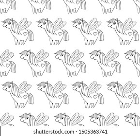 Children's seamless pattern. Cute little pink magical unicorn with wings. Black and white line. Vector design on white background. Children's coloring. Hand drawing illustration for children. 