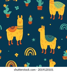 Childrens seamless pattern. Cute llamas in colorful ethnic blankets, cacti, stars, rainbow. Trendy bright vector flat illustration, citrus colors. For nursery, wallpaper, printing on fabric, wrapping.