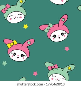 Children's seamless pattern with cute rabbits heads. Animal faces in pink hat with a bow on a green background. Print for girls' Clothing, fabric, Wallpaper, packaging paper. 