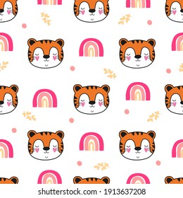 Children's seamless pattern, Cute tiger cub, rainbow, bright spots and yellow leaves, children's illustration, ideal for applying to fabric or paper, for the decoration of a newborn baby's contana