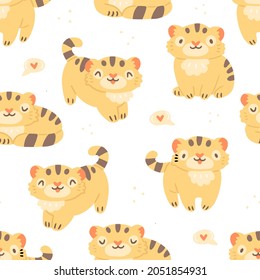 Children's seamless pattern with cute tiger cubs and hearts on a white background. Vector illustration background in pastel colors.