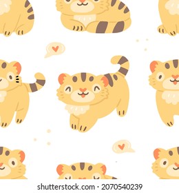 Children's seamless pattern with cute tiger cubs, dots and hearts on a white background. Vector illustration background in pastel colors.