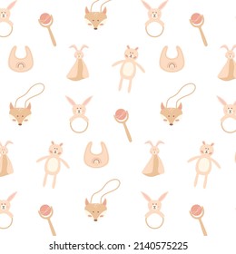 Children's seamless pattern with cute children's toys. Baby boho style. Hand-drawn pattern with rattles.Vector illustration. Pastel colors.