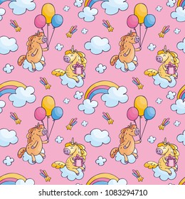 Children's seamless pattern with cute unicorns in doodle style. Colorful vector background.