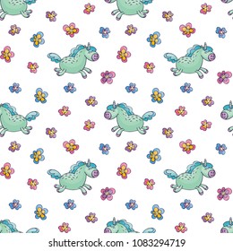 Children's seamless pattern with cute unicorns in doodle style. Colorful vector background.