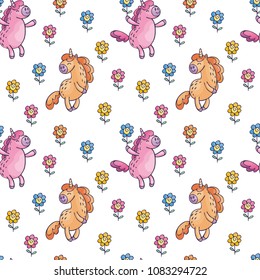 Children's seamless pattern with cute unicorns in doodle style. Colorful vector background.