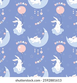 Children's seamless pattern Cute white sleeping rabbits. Children's pattern is used for baby wallpapers, for printing on T-shirts and pajamas, bed linen. Vector illustration