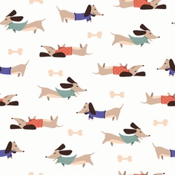 Children's Seamless Pattern With Dachshund Dogs On White Background In Cartoon Style. Cute Texture For Kids Room Design, Wallpaper, Textiles, Wrapping Paper, Apparel. Vector Illustration