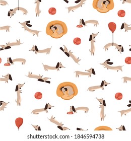 Children's seamless pattern with Dachshund dogs on white background in cartoon style. Cute texture for kids room design, Wallpaper, textiles, wrapping paper, apparel. Vector illustration