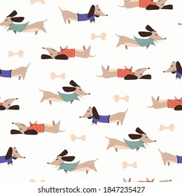 Children's seamless pattern with Dachshund dogs on white background in cartoon style. Cute texture for kids room design, Wallpaper, textiles, wrapping paper, apparel. Vector illustration