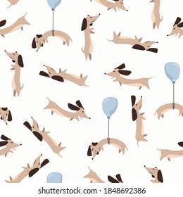 Children's seamless pattern with Dachshund dogs on white background in cartoon style. Cute texture for kids room design, Wallpaper, textiles, wrapping paper, apparel. Vector illustration