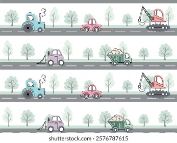 Children's seamless pattern with different cars on the road in flat style. Vector illustration.