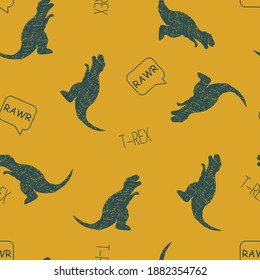 Childrens seamless pattern with dinosaur and text